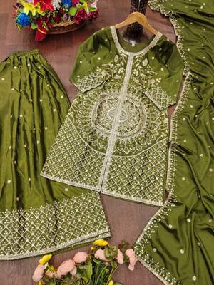 mehendi silk blend  sequin embroidered stitched sharara suit with dupatta for women's 5