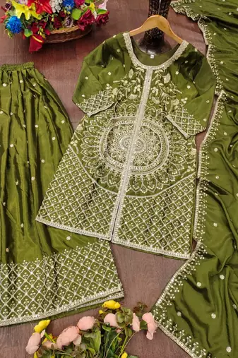 mehendi silk blend  sequin embroidered stitched sharara suit with dupatta for women's