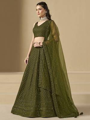 MEHENDI GEORGETTE SEQUINS & THREAD EMBROIDERED STITCHED LEHENGA CHOLI 5