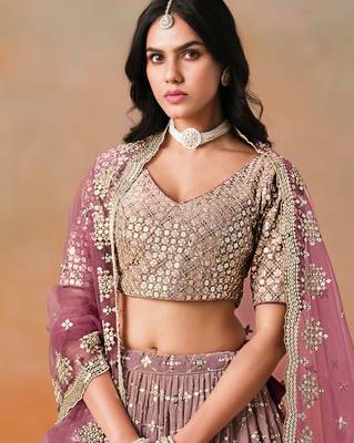 MAROON GEORGETTE SEQUINS & ZARI EMBROIDERED STITCHED LEHENGA CHOLI 2