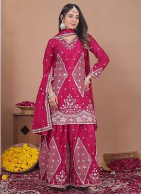 rani pink festival wear embroidery work readymade plazzo suit for women's 1