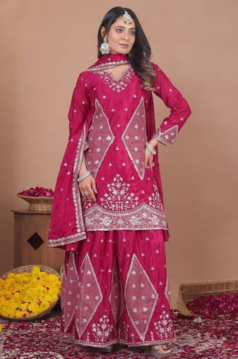 rani pink festival wear embroidery work readymade plazzo suit for women's