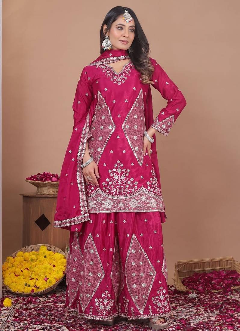 rani pink festival wear embroidery work readymade plazzo suit for women's