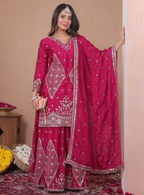 rani pink festival wear embroidery work readymade plazzo suit for women's 2