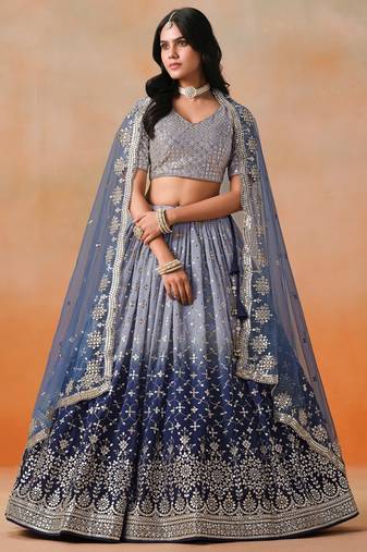 NAVY BLUE GEORGETTE SEQUINS & ZARI EMBROIDERED STITCHED LEHENGA CHOLI
