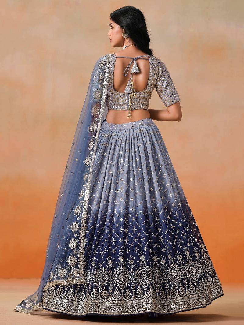 NAVY BLUE GEORGETTE SEQUINS & ZARI EMBROIDERED STITCHED LEHENGA CHOLI