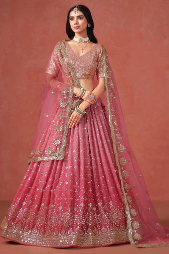 PEACH GEORGETTE SEQUINS & ZARI EMBROIDERED STITCHED LEHENGA CHOLI