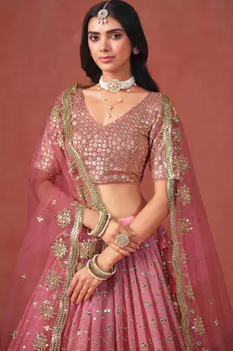 PEACH GEORGETTE SEQUINS & ZARI EMBROIDERED STITCHED LEHENGA CHOLI