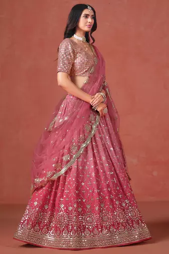 PEACH GEORGETTE SEQUINS & ZARI EMBROIDERED STITCHED LEHENGA CHOLI