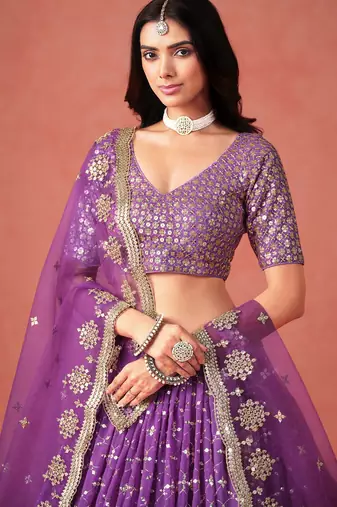 PURPLE GEORGETTE SEQUINS & ZARI EMBROIDERED STITCHED LEHENGA CHOLI