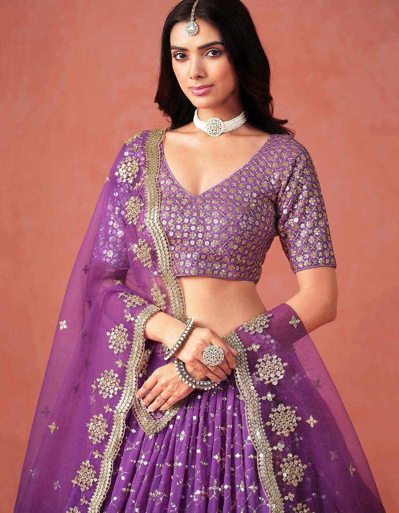 PURPLE GEORGETTE SEQUINS & ZARI EMBROIDERED STITCHED LEHENGA CHOLI