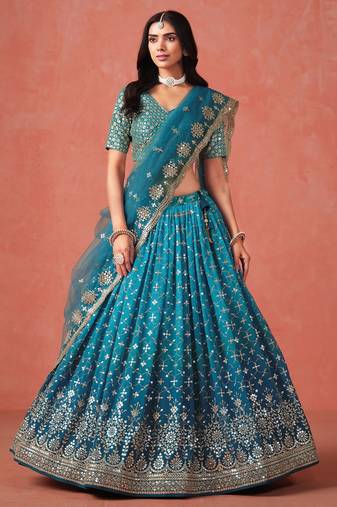 TURQUOISE GEORGETTE SEQUINS & ZARI EMBROIDERED STITCHED LEHENGA CHOLI