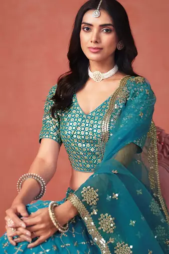 TURQUOISE GEORGETTE SEQUINS & ZARI EMBROIDERED STITCHED LEHENGA CHOLI