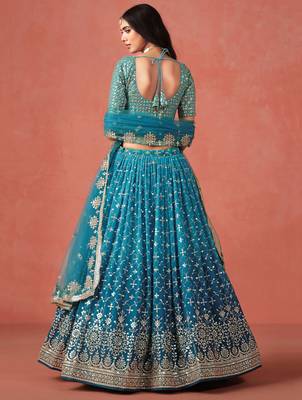 TURQUOISE GEORGETTE SEQUINS & ZARI EMBROIDERED STITCHED LEHENGA CHOLI 3