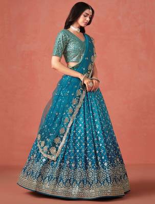 TURQUOISE GEORGETTE SEQUINS & ZARI EMBROIDERED STITCHED LEHENGA CHOLI 5