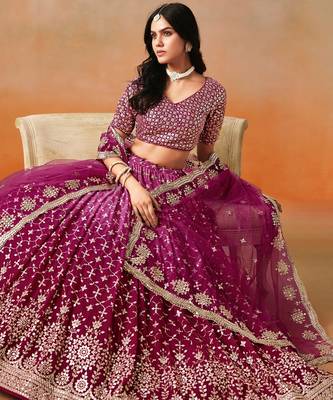 RED PINK GEORGETTE SEQUINS & ZARI EMBROIDERED STITCHED LEHENGA CHOLI 1