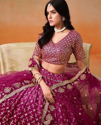RED PINK GEORGETTE SEQUINS & ZARI EMBROIDERED STITCHED LEHENGA CHOLI 2
