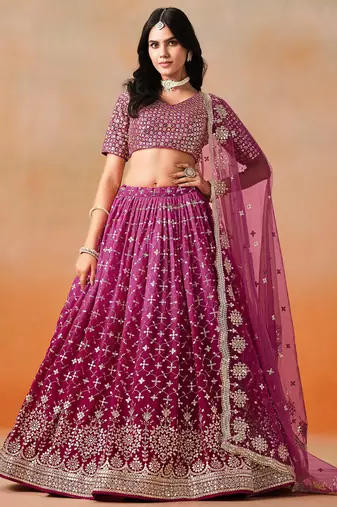 RED PINK GEORGETTE SEQUINS & ZARI EMBROIDERED STITCHED LEHENGA CHOLI