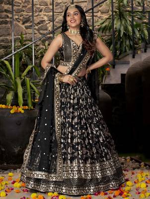 BLACK DOLA SILK SEQUINS & ZARI EMBROIDERED STITCHED LEHENGA CHOLI 1