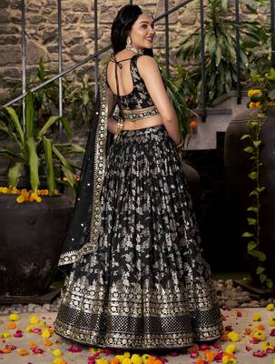 BLACK DOLA SILK SEQUINS & ZARI EMBROIDERED STITCHED LEHENGA CHOLI 4