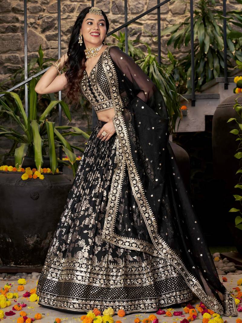 BLACK DOLA SILK SEQUINS & ZARI EMBROIDERED STITCHED LEHENGA CHOLI
