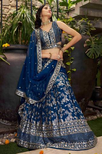 DOVE BLUE DOLA SILK SEQUINS & ZARI EMBROIDERED STITCHED LEHENGA CHOLI