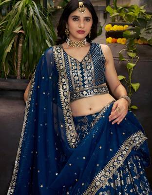DOVE BLUE DOLA SILK SEQUINS & ZARI EMBROIDERED STITCHED LEHENGA CHOLI 2