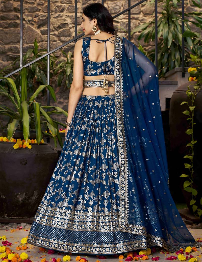 DOVE BLUE DOLA SILK SEQUINS & ZARI EMBROIDERED STITCHED LEHENGA CHOLI