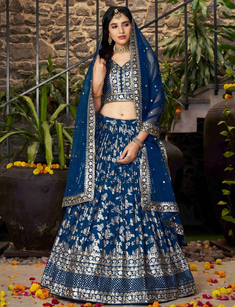 DOVE BLUE DOLA SILK SEQUINS & ZARI EMBROIDERED STITCHED LEHENGA CHOLI