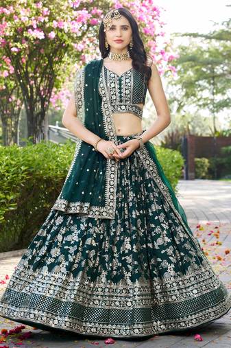 GREEN DOLA SILK SEQUINS & ZARI EMBROIDERED STITCHED LEHENGA CHOLI