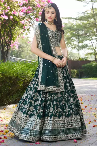 GREEN DOLA SILK SEQUINS & ZARI EMBROIDERED STITCHED LEHENGA CHOLI