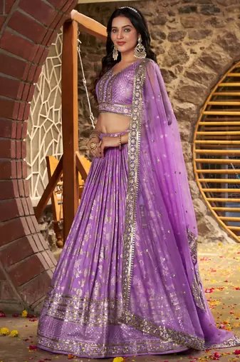 LAVENDER DOLA SILK SEQUINS & ZARI EMBROIDERED STITCHED LEHENGA CHOLI