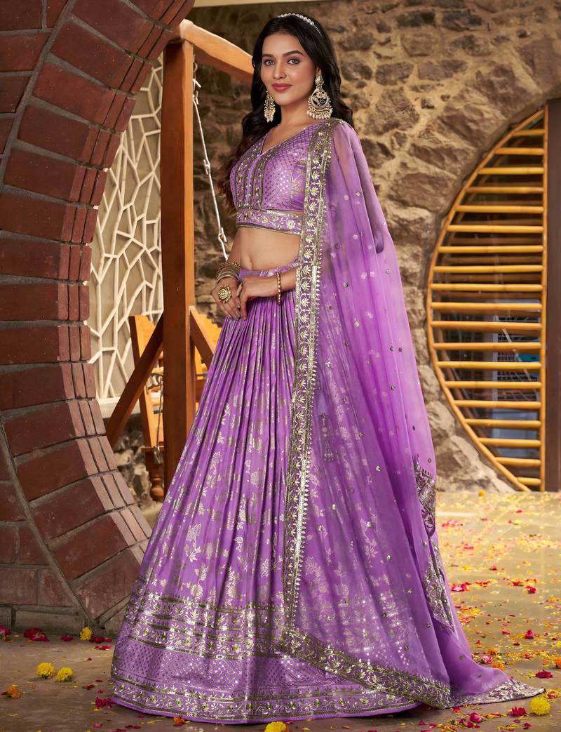 LAVENDER DOLA SILK SEQUINS & ZARI EMBROIDERED STITCHED LEHENGA CHOLI