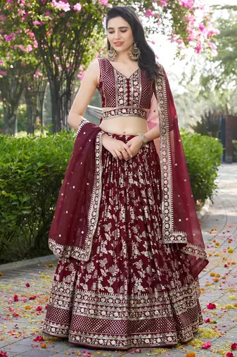 MAROON DOLA SILK SEQUINS & ZARI EMBROIDERED STITCHED LEHENGA CHOLI