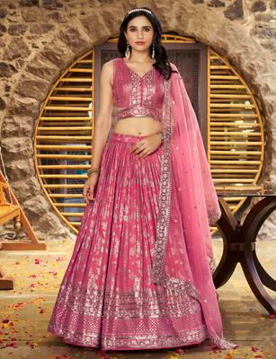 PEACH DOLA SILK SEQUINS & ZARI EMBROIDERED STITCHED LEHENGA CHOLI 1