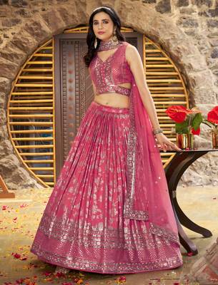 PEACH DOLA SILK SEQUINS & ZARI EMBROIDERED STITCHED LEHENGA CHOLI 4