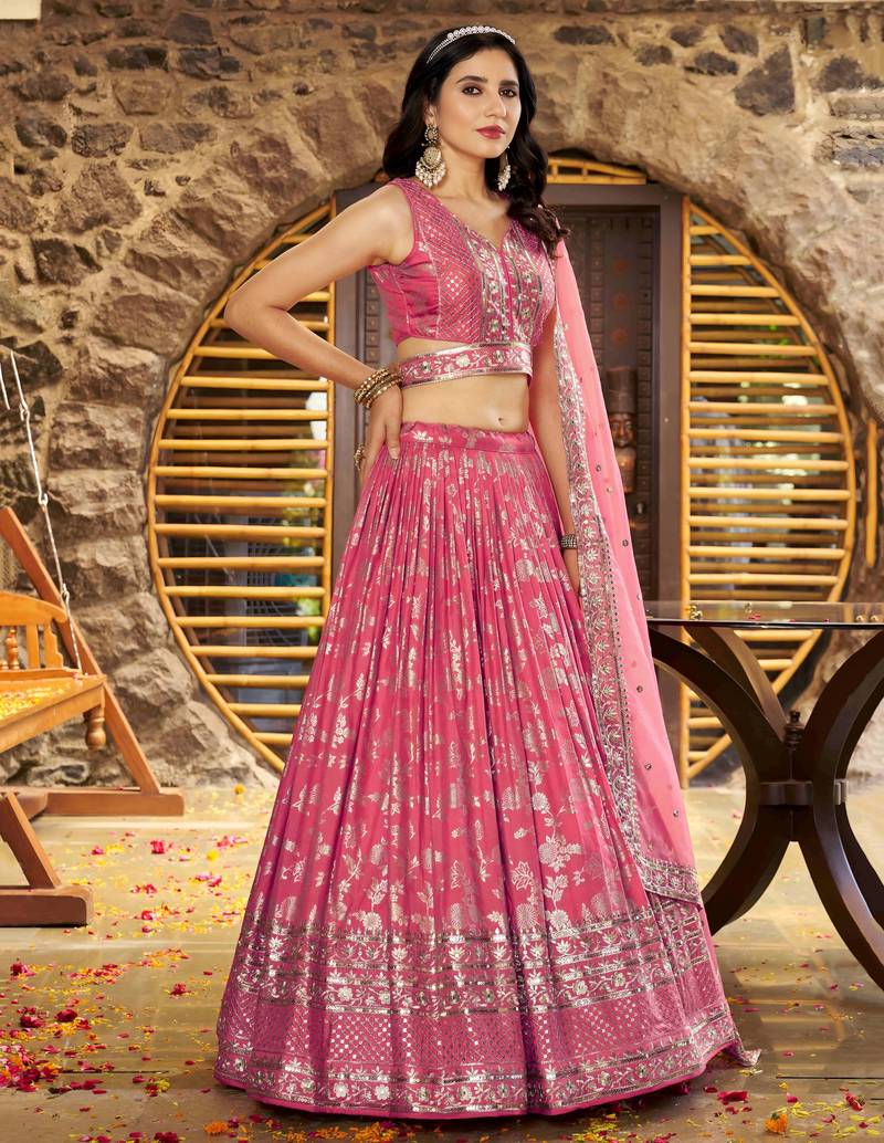PEACH DOLA SILK SEQUINS & ZARI EMBROIDERED STITCHED LEHENGA CHOLI