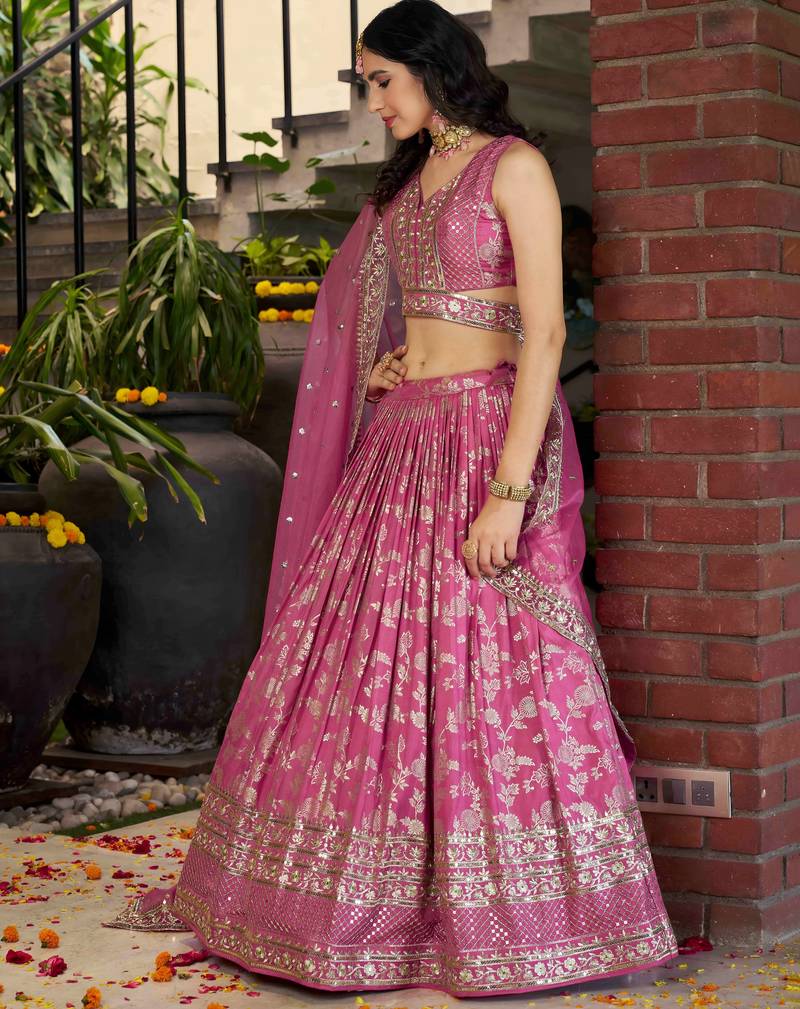 PINK DOLA SILK SEQUINS & ZARI EMBROIDERED STITCHED LEHENGA CHOLI