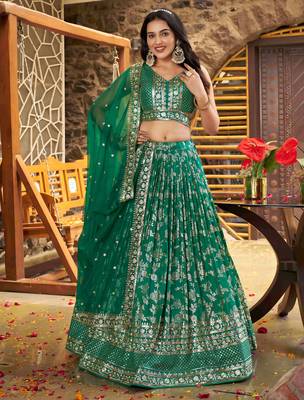 GREEN DOLA SILK SEQUINS & ZARI EMBROIDERED STITCHED LEHENGA CHOLI 1