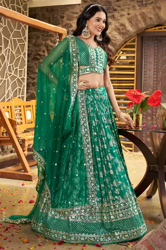 GREEN DOLA SILK SEQUINS & ZARI EMBROIDERED STITCHED LEHENGA CHOLI