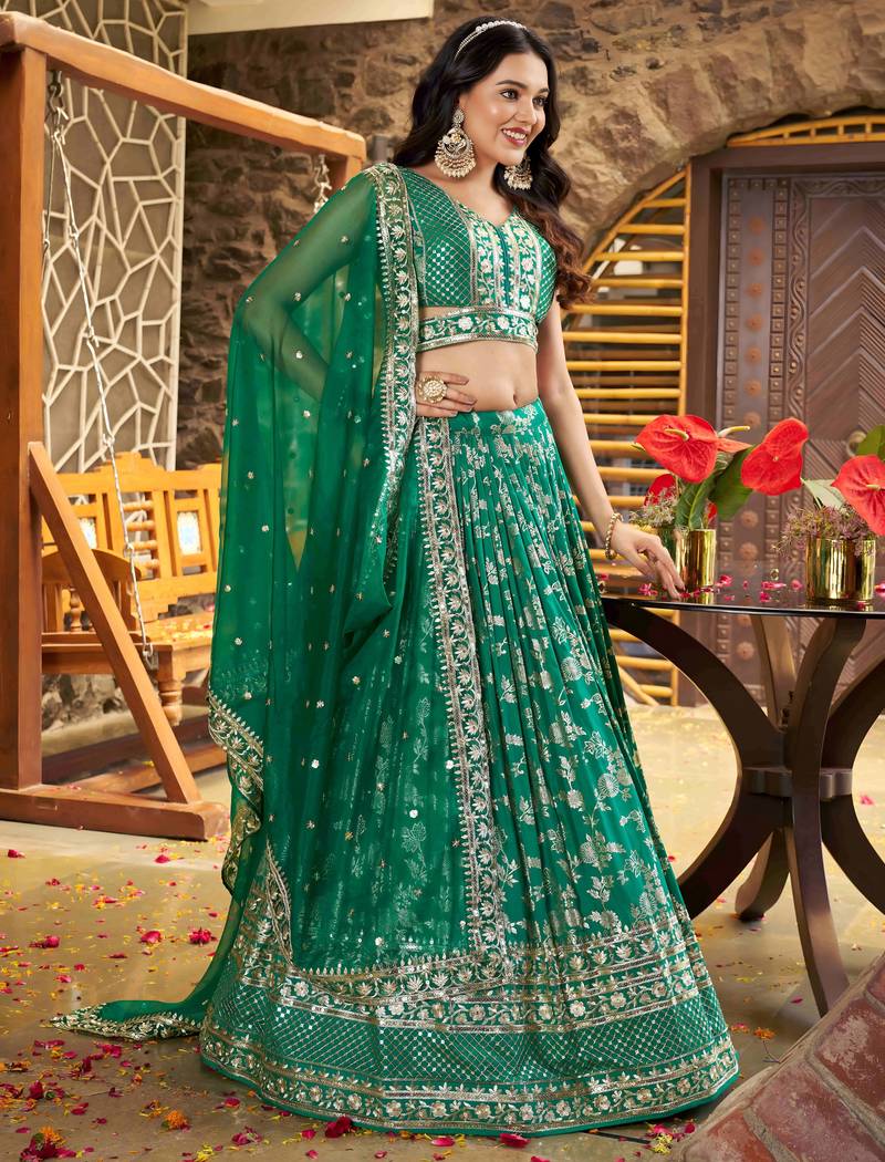 GREEN DOLA SILK SEQUINS & ZARI EMBROIDERED STITCHED LEHENGA CHOLI