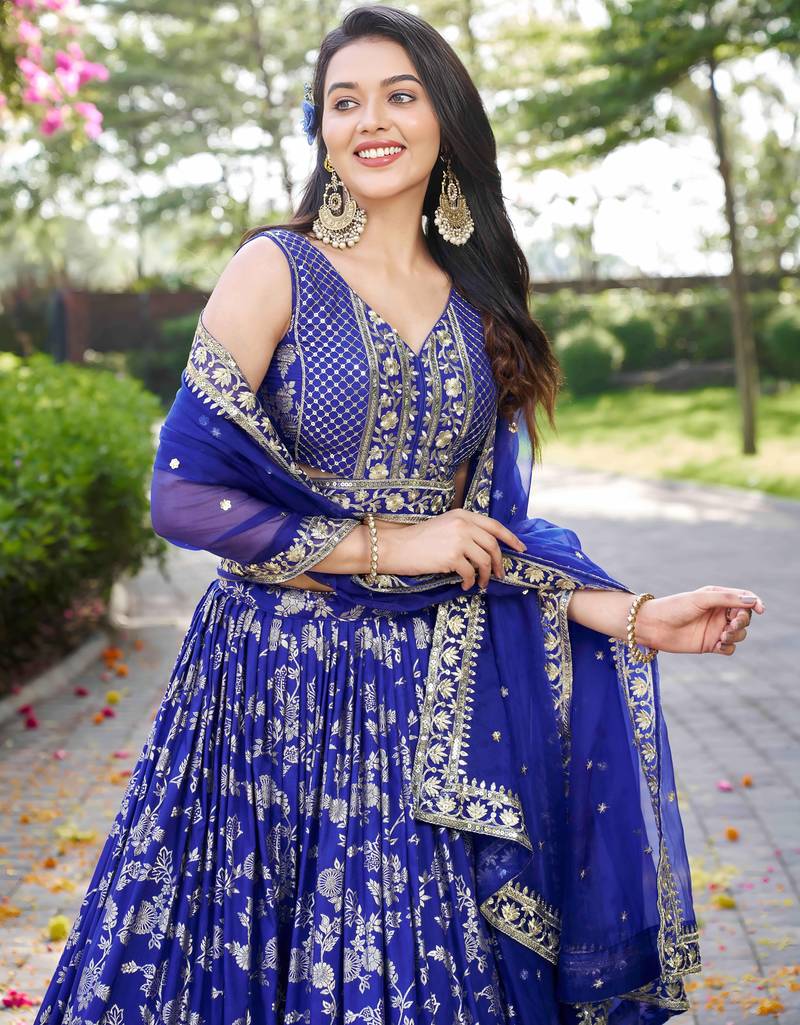 ROYAL BLUE DOLA SILK SEQUINS & ZARI EMBROIDERED STITCHED LEHENGA CHOLI