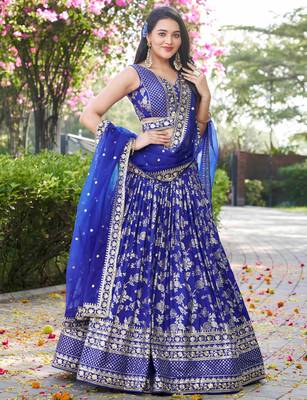 ROYAL BLUE DOLA SILK SEQUINS & ZARI EMBROIDERED STITCHED LEHENGA CHOLI 4
