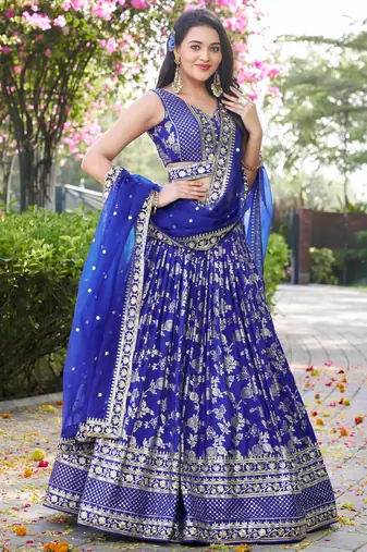 ROYAL BLUE DOLA SILK SEQUINS & ZARI EMBROIDERED STITCHED LEHENGA CHOLI