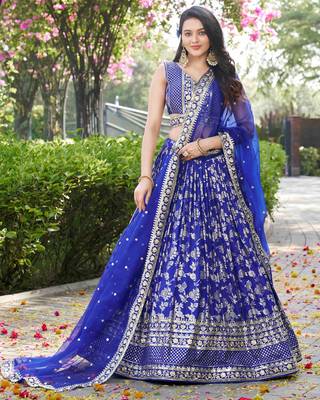ROYAL BLUE DOLA SILK SEQUINS & ZARI EMBROIDERED STITCHED LEHENGA CHOLI 5