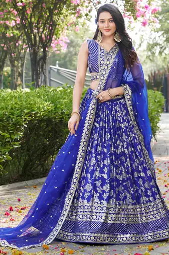 ROYAL BLUE DOLA SILK SEQUINS & ZARI EMBROIDERED STITCHED LEHENGA CHOLI