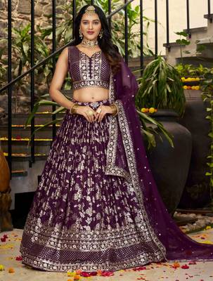 WINE DOLA SILK SEQUINS & ZARI EMBROIDERED STITCHED LEHENGA CHOLI 1