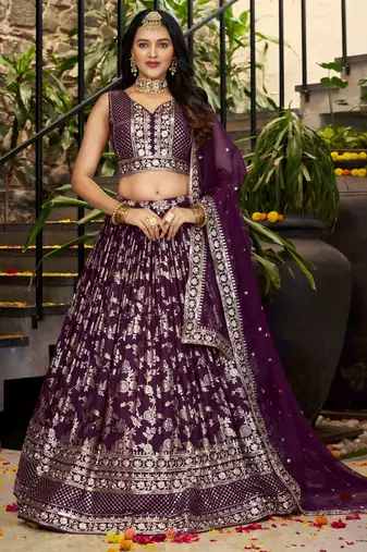 WINE DOLA SILK SEQUINS & ZARI EMBROIDERED STITCHED LEHENGA CHOLI