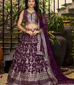 WINE DOLA SILK SEQUINS & ZARI EMBROIDERED STITCHED LEHENGA CHOLI