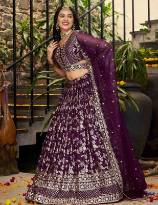 WINE DOLA SILK SEQUINS & ZARI EMBROIDERED STITCHED LEHENGA CHOLI 4